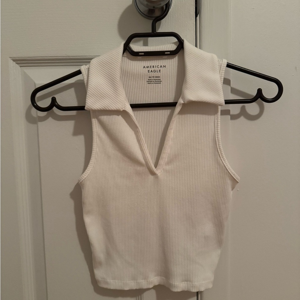 American Eagle White Ribbed Collared Crop Top
